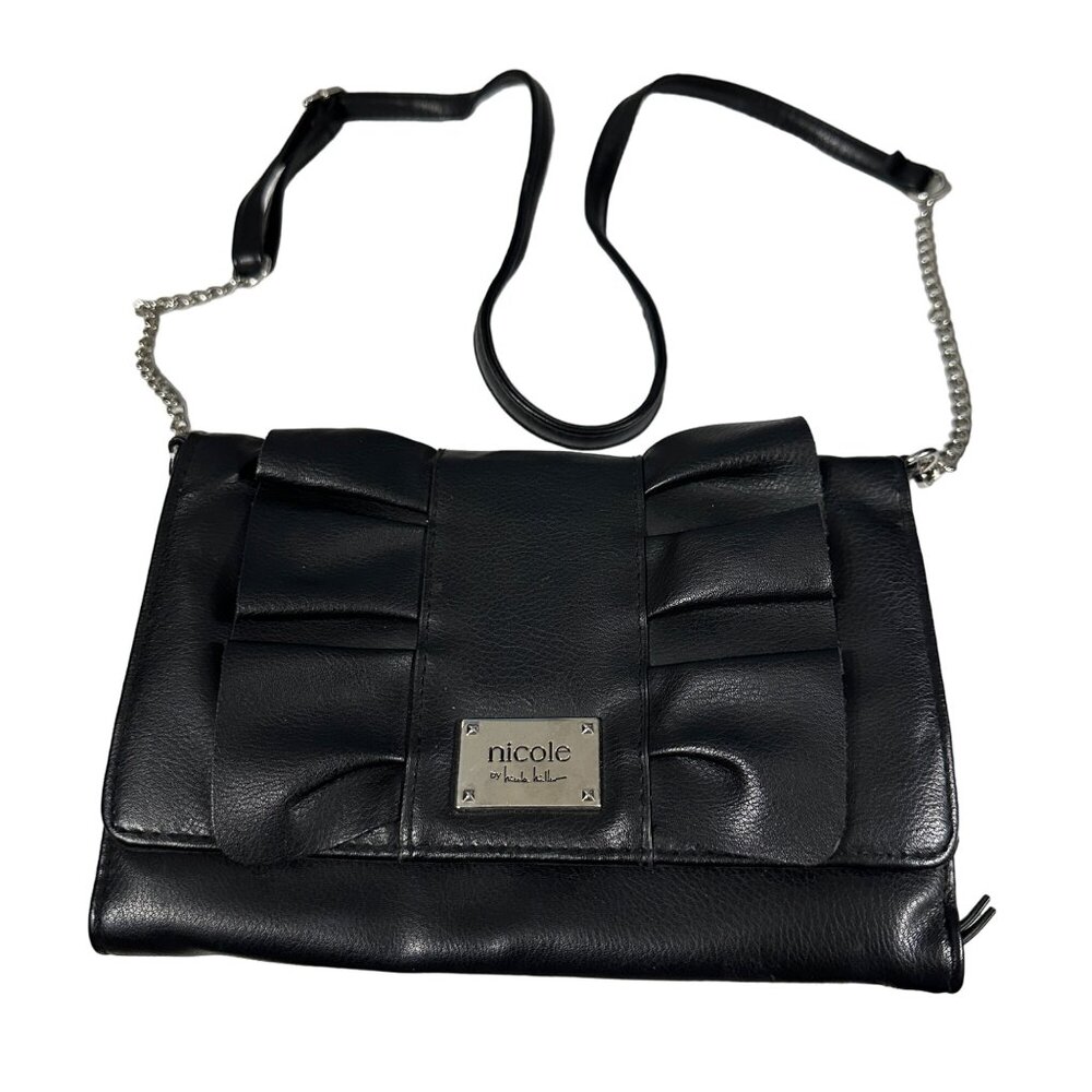 Nicole Miller black vegan leather ruffle and chain embellished crossbody purse